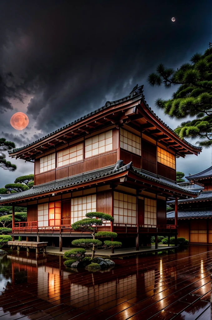 Panoramic visual of traditional Japanese wooden house, low lighting, raining lightly, night, tree, leafy, cloudy, star, red moon, High quality, 8K, 