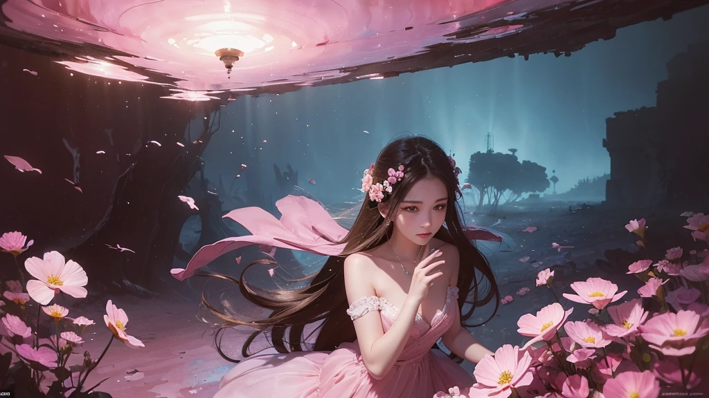 32k, Masterpiece, Highest quality, One girl, Detailed eyes, flower,Sandersonia, Pink and brown style,A dreamy, romantic piece,Pale pink, Mysterious Leaves,A playful arrangement,Fantasy,High Contrast,Ink strokes,explosion,Exposure, Impression of pink and brown tones,Abstract,((Watercolours by John Berkey and Jeremy Mann )) Brush strokes,Negative Space, Tyndall effect,