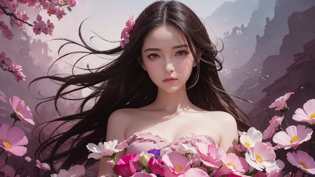 32k, Masterpiece, Highest quality, One girl, Detailed eyes, flower,Sandersonia, Pink and brown style,A dreamy, romantic piece,Pale pink, Mysterious Leaves,A playful arrangement,Fantasy,High Contrast,Ink strokes,explosion,Exposure, Impression of pink and brown tones,Abstract,((Watercolours by John Berkey and Jeremy Mann )) Brush strokes,Negative Space, Tyndall effect,