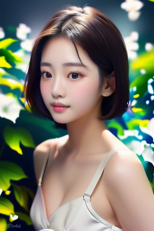 highest quality、Soft Light、Ultra-high resolution、(Realistic1.4)、Beautiful face in every detail、Close-up of a woman in a white dress taking a photo, Young and adorable Korean face, Young and pretty Asian face, Soft Portrait Shot 8k, Beautiful young Korean woman, Girl cute beautiful face, Gorgeous Young Korean Woman, Short hair, Korean symmetrical face, Beautiful Korean Women, Korean Girls, Korean woman portrait、Big, round, gentle eyes、Photorealistic、Bigger Eyes、Her lips are thick too.、