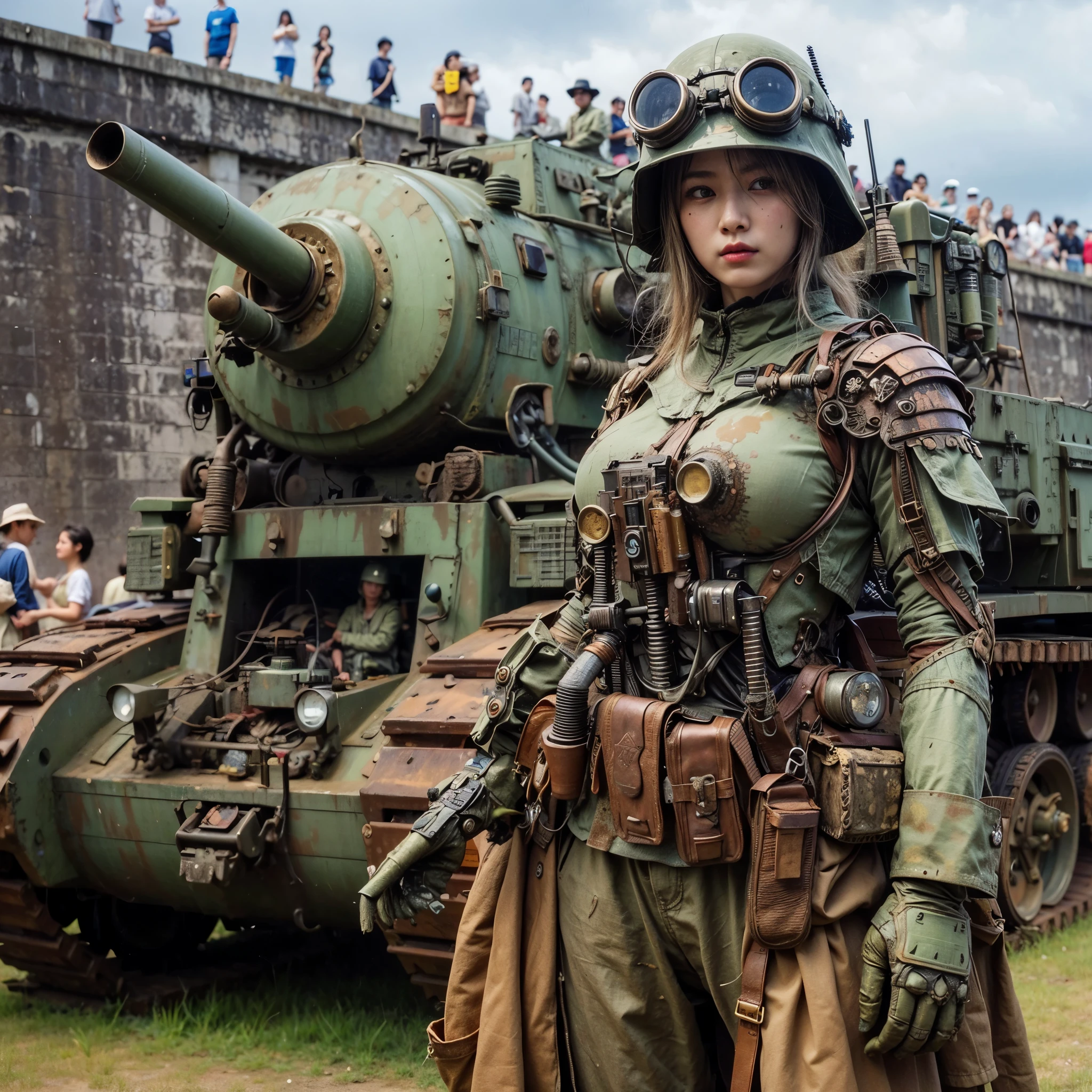 (masterpiece, best quality:1.2), (8k uhd, 16k, 32k, ultra high res), Steampunk, fictional WWII former Japanese Imperial Army armored car and cyborg Japanese female soldier, beautiful face, torn pants, dirty clothes, very intricate details, olive drab paint, peeling paint, weathering, fortress attack, realistic photo, taken with Fuji film X-T30+Nokton. HDR10