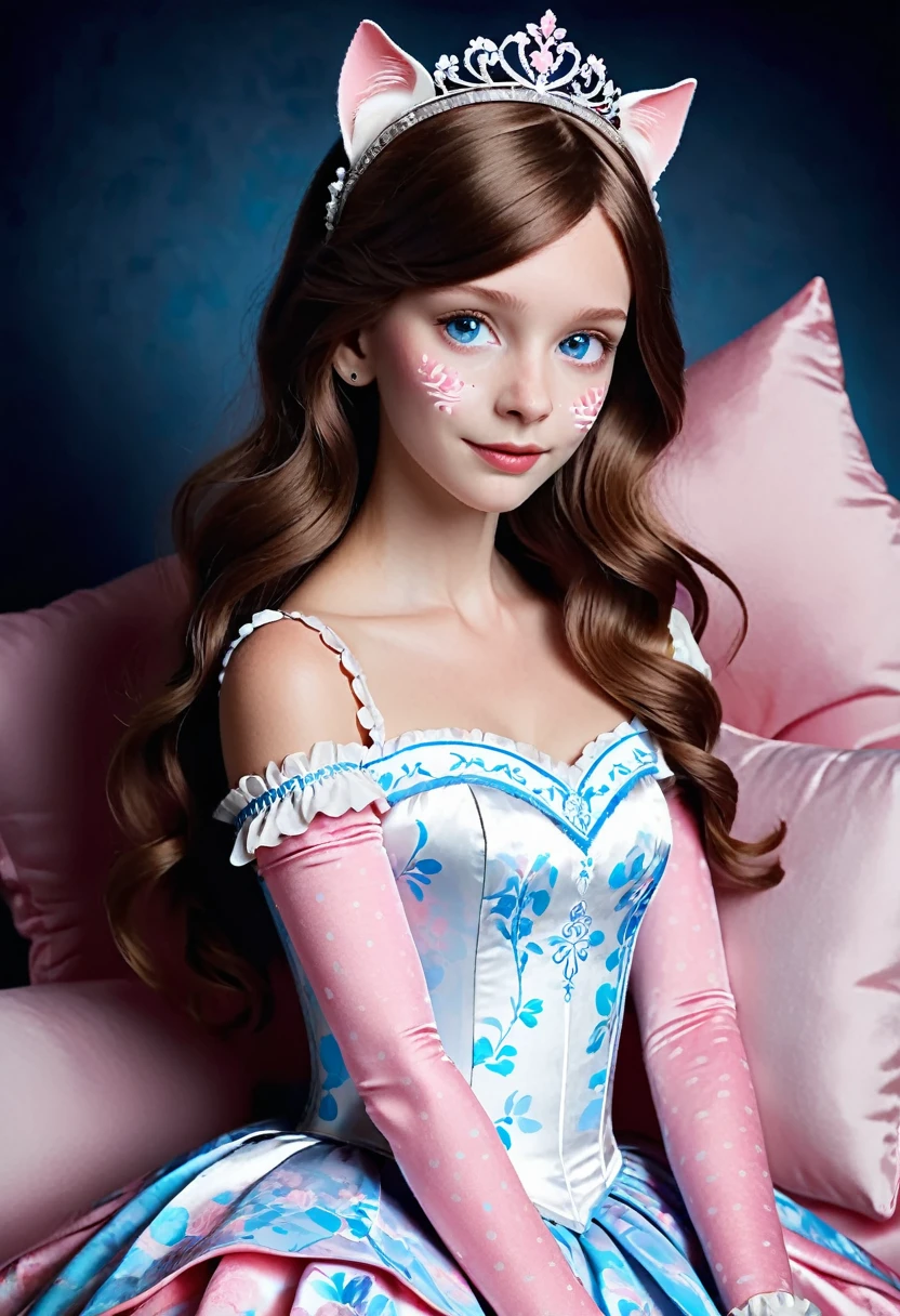 (Style-Princess, fflixbom, white and pink cat facepaint) (1 man, 1 catgirl) (hetero, couple) (crossdressing, fully clothed) (brown hair, blue eyes) (portrait) (women's clothes only) (women's beautifully feminine skintight velvet floral print frilly girly pink adorable ballet leotards) (white opaque tights, no shoes) (tiaras, pink shoulder-length silk gloves:1.3) (woman's bedroom, four-poster bed) (lying down, hugging, bending knee) (intimacy, playfulness, closeness)