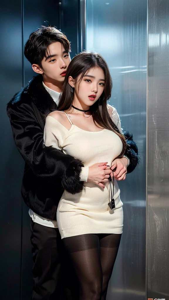 (((NFSW : 1.2))), (((pornography))), (realistic), (intricate details:1.2), (masterpiece、:1.3), (top quality:1.4), (Ultra A high resolution:1.2), Ultra A high resolution, 8K resolution, very detailed expression, dark, (high quality), complete anatomy, natural anatomy, full body photo, (1 Girl being caress by 2 men at night : 1.6), she is 21 years old, (call girl:1.5), (prostitute: 1.5), (she is korean:1.6), (beautiful : 1.4), (Dyed fancy colored hair banging), (big earrings), heavy makeup, Confusing wording, choker necklace, long legs, (a girl weared slim feminine dress and pantyhose. : 1.4), (a girl weared strappy high heels :1.4), (a girl is wearing a fur jacket :1.4), (2 men being weared t shirts and training pants : 1.3), (2 men are the house's owner : 1.4), glowing skin,(eye contact each other :1.4), (the men tie up her arms behind back:1.4), (((orgasm : 1.4))), (((moaning : 1.2))),(She being caught and sexually harassed by 2 men : 1.5), (she be forcibly raped by 2 men : 1.5), violated by them, She can not resist holding her arms grabbed by men., his dicks are being inserted into her pussy and anal., a man tighten her panty, a man tears off her pantyhose to explore her pussy, grabed ass, (The men grabbed her thighs.), caress, fondle, (coner of elevator of the building : 1.6), (detailed background:1.2),(She has fun with several Korean men : 1.4),