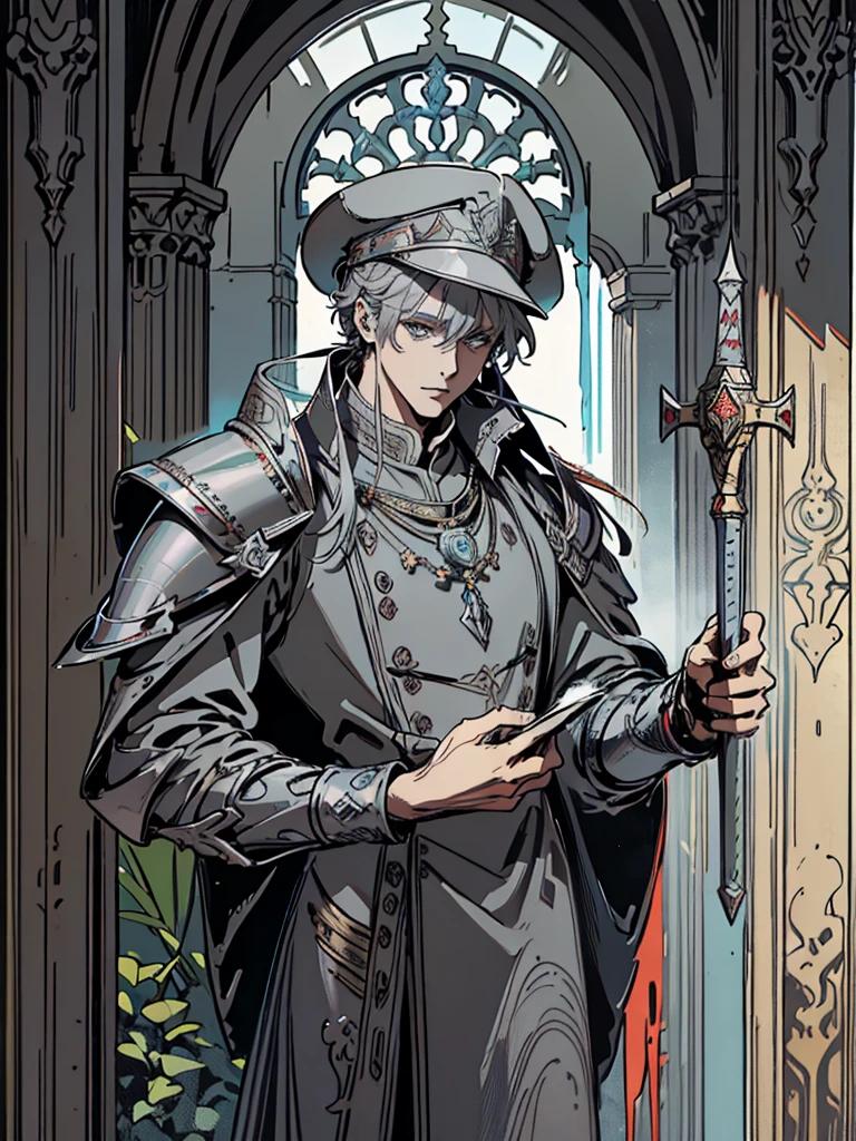 (Flat color:1.1),(Colorful:1.3),(Masterpiece:1.2), tarot: healer, Best quality, Masterpiece, Original, 1 male, ((metal face)), stern, wide brim hat, cleric robes, holding mace, Full body photo of men，((gray armor)), Very detailed wallpaper, Solo，(dream scenery)，tarot card layout，Best quality, Masterpiece, (Realistic:0.6), Realistic lighting, Flower frame， Decorative panels， abstract artistic， Alphonse Mucha （masterpiece， best quality， A high resolution： 1.4）， A detailed， Complicated details， 4K，cerulean， Line art， Fibonacci