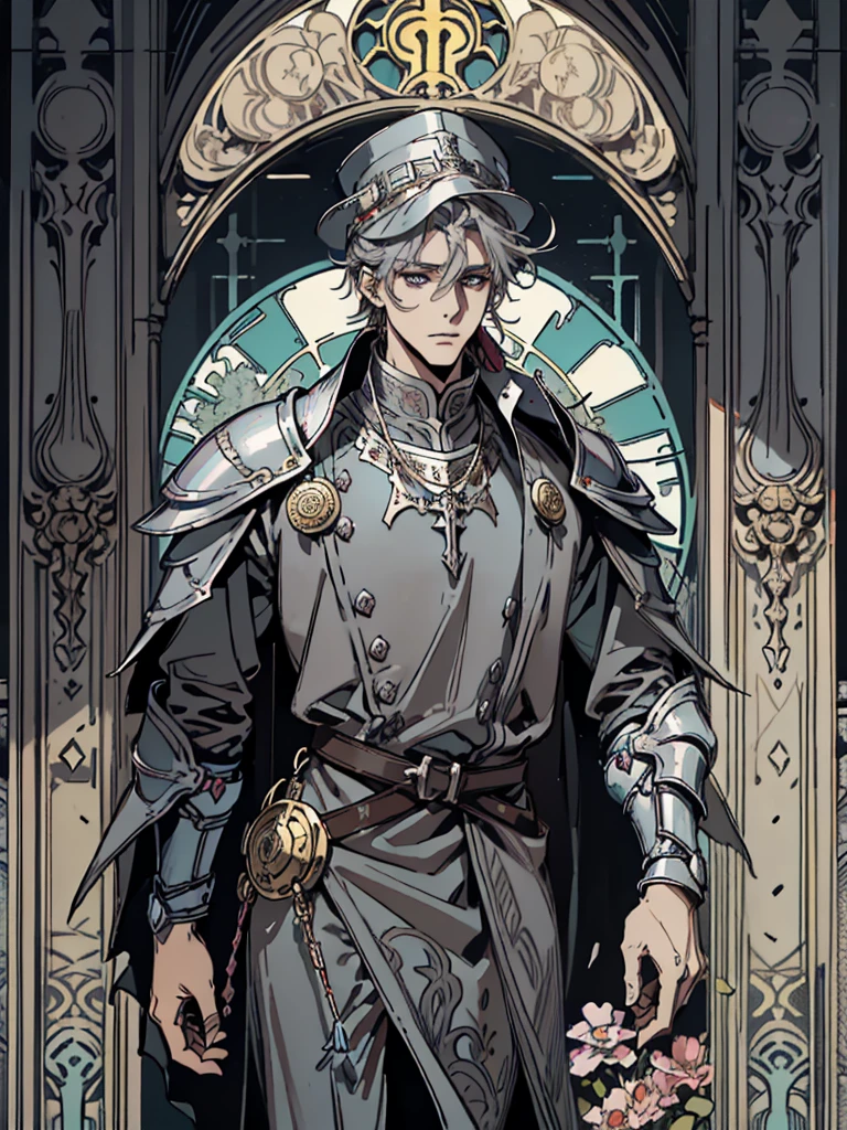 (Flat color:1.1),(Colorful:1.3),(Masterpiece:1.2), tarot: healer, Best quality, Masterpiece, Original, 1 male, ((metal face)), stern, wide brim hat, cleric robes, holding mace, Full body photo of men，((gray armor)), Very detailed wallpaper, Solo，(dream scenery)，tarot card layout，Best quality, Masterpiece, (Realistic:0.6), Realistic lighting, Flower frame， Decorative panels， abstract artistic， Alphonse Mucha （masterpiece， best quality， A high resolution： 1.4）， A detailed， Complicated details， 4K，cerulean， Line art， Fibonacci