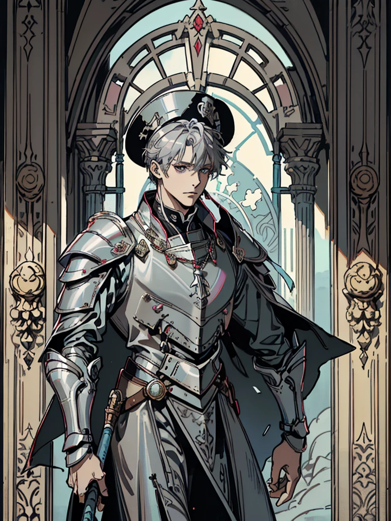 (Flat color:1.1),(Colorful:1.3),(Masterpiece:1.2), tarot: healer, Best quality, Masterpiece, Original, 1 male, ((metal face)), stern, wide brim hat, cleric robes, holding mace, Full body photo of men，((gray armor)), Very detailed wallpaper, Solo，(dream scenery)，tarot card layout，Best quality, Masterpiece, (Realistic:0.6), Realistic lighting, Flower frame， Decorative panels， abstract artistic， Alphonse Mucha （masterpiece， best quality， A high resolution： 1.4）， A detailed， Complicated details， 4K，cerulean， Line art， Fibonacci