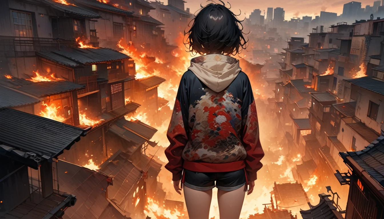 (((from behind))), ((8k of extremely detailed CG unit, Masterpiece, high resolution, highest quality, highest quality real texture skin)), (wearing Japanese pattern headphones), ((1 girl)), (((A cigarette is burning on the roof of a multi-tenant building))),  (Japanese pattern hoodie, Japanese-style shorts), (Black hair, messy hair, beige skin), (Surreal, digital painting), midnight