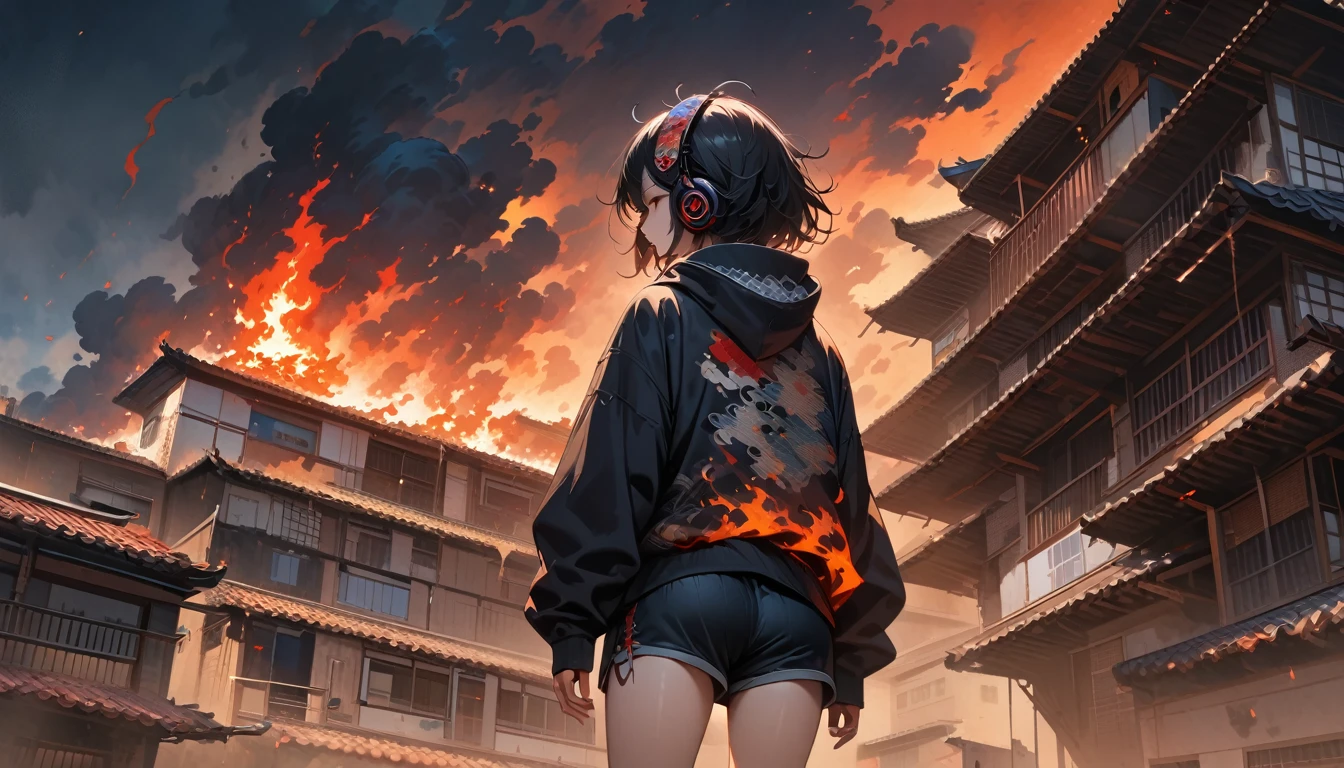 (((from behind))), ((8k of extremely detailed CG unit, Masterpiece, high resolution, highest quality, highest quality real texture skin)), (wearing Japanese pattern headphones), ((1 girl)), (((A cigarette is burning on the roof of a multi-tenant building))), (Japanese pattern hoodie, Japanese-style shorts), (Black hair, messy hair, beige skin), (Surreal, digital painting), midnight
