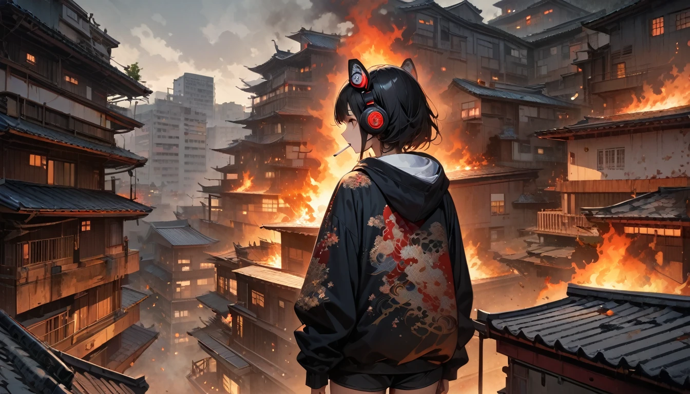 (((from behind))), ((8k of extremely detailed CG unit, Masterpiece, high resolution, highest quality, highest quality real texture skin)), (wearing Japanese pattern headphones), ((1 girl)), (((A cigarette is burning on the roof of a multi-tenant building))),  (Japanese pattern hoodie, Japanese-style shorts), (Black hair, messy hair, beige skin), (Surreal, digital painting), midnight