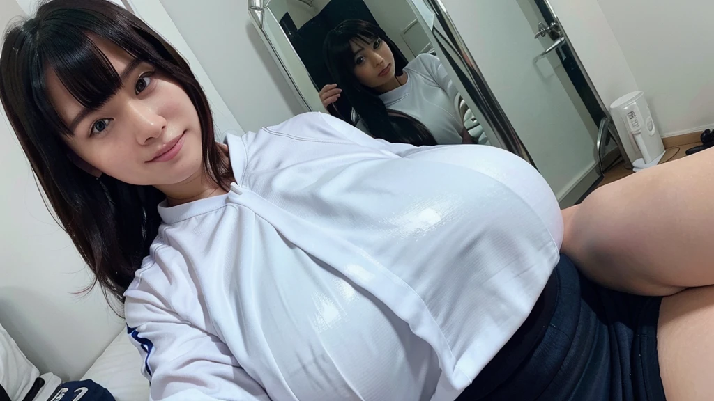 Young and beautiful woman、Medium Hair、Focus on the face、Top view、ミラーSelphy、Taken with the front camera、Selphy、Shoot yourself、In front of the mirror、Erotic regime、Very large breasts、Big Breasts、T-Shirts、Black shorts、Training wear、Gym suit、Insanely smile