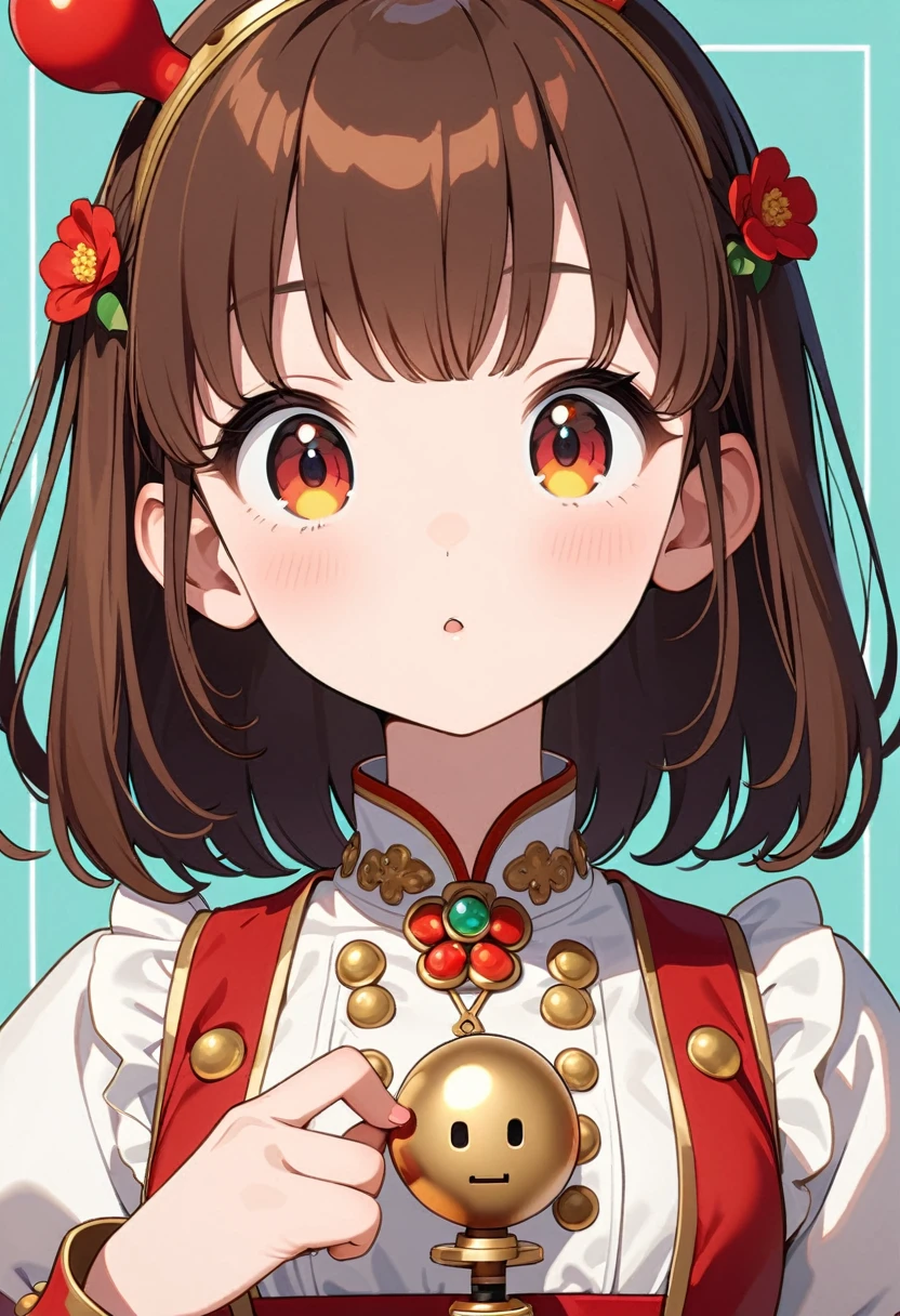 front，ID photo，An anime girl wearing a red skirt and black，She has brown hair and eyes。Ball head，And wearing red flower ornaments on the ears。She wears a white blouse，It has gold buttons and pink cuffs.。Clean and tidy style