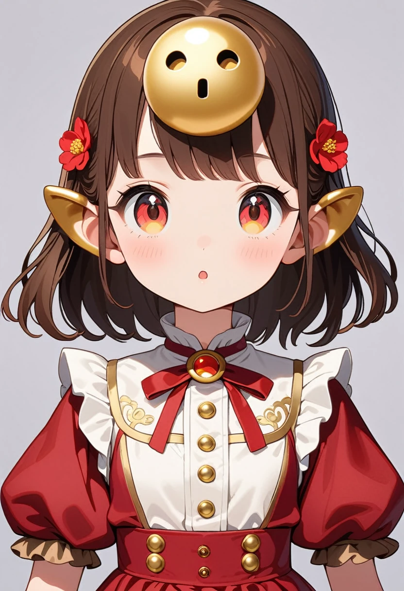 front，ID photo，An anime girl wearing a red skirt and black，She has brown hair and eyes。Ball head，And wearing red flower ornaments on the ears。She wears a white blouse，It has gold buttons and pink cuffs.。Clean and tidy style