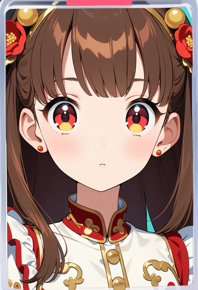 front，ID photo，An anime girl wearing a red skirt and black，She has brown hair and eyes。Ball head，And wearing red flower ornaments on the ears。She wears a white blouse，It has gold buttons and pink cuffs.。Clean and tidy style