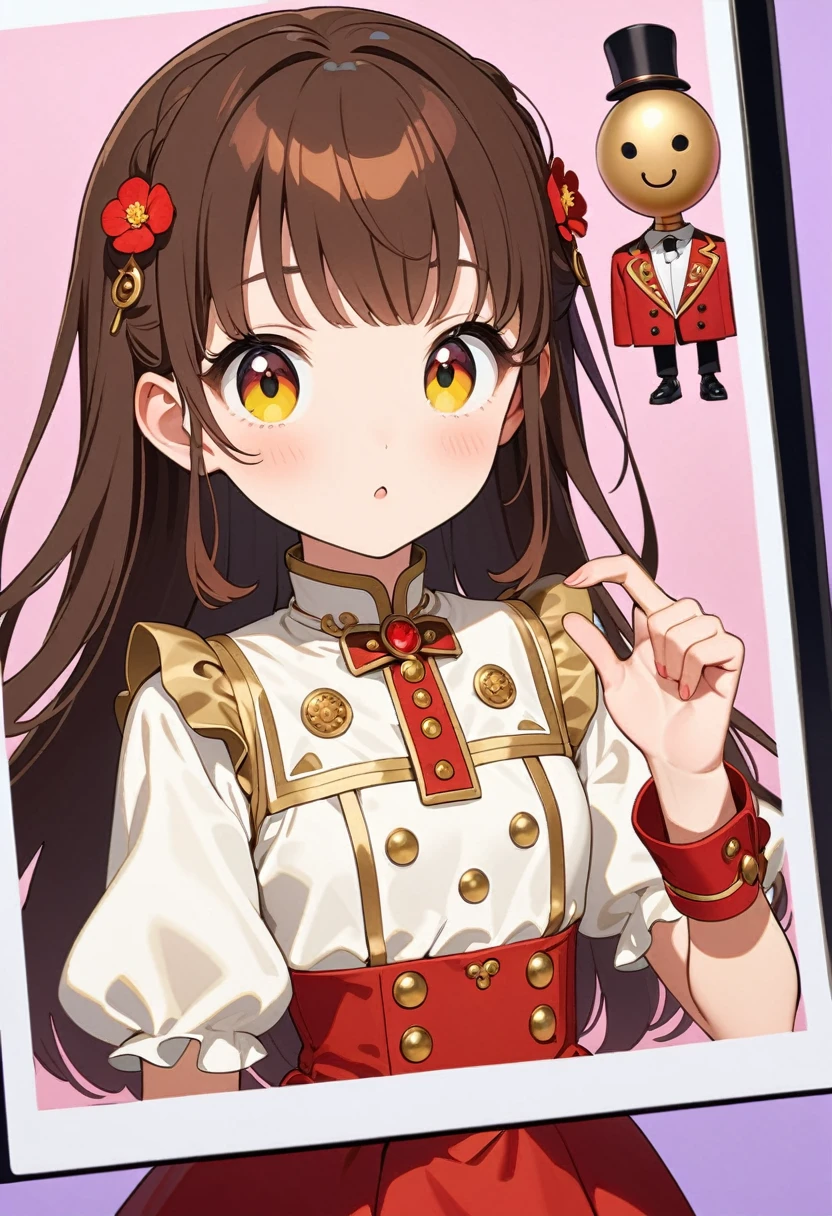 front，ID photo，An anime girl wearing a red skirt and black，She has brown hair and eyes。Ball head，And wearing red flower ornaments on the ears。She wears a white blouse，It has gold buttons and pink cuffs.。Clean and tidy style