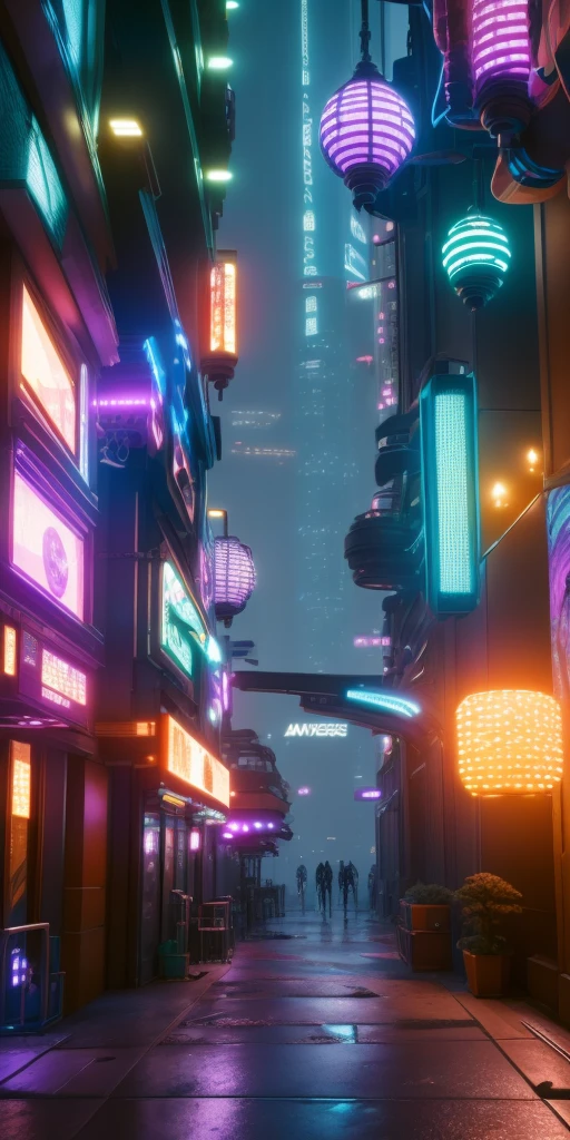 An illustration depicting a cyberpunk cityscape at night. A narrow alley filled with neon signs and exotic, futuristic lamps illuminating the surroundings. Various colors of neon lights are scattered along the street, with blue and purple lights standing out prominently. The buildings feature unique decorations with elements of Asian-style design. The sidewalk has a wet sheen, reflecting the lights. The perspective provides a sense of depth, with tall skyscrapers visible in the background. The image is rich in detail, creating a fantastical and futuristic atmosphere.
