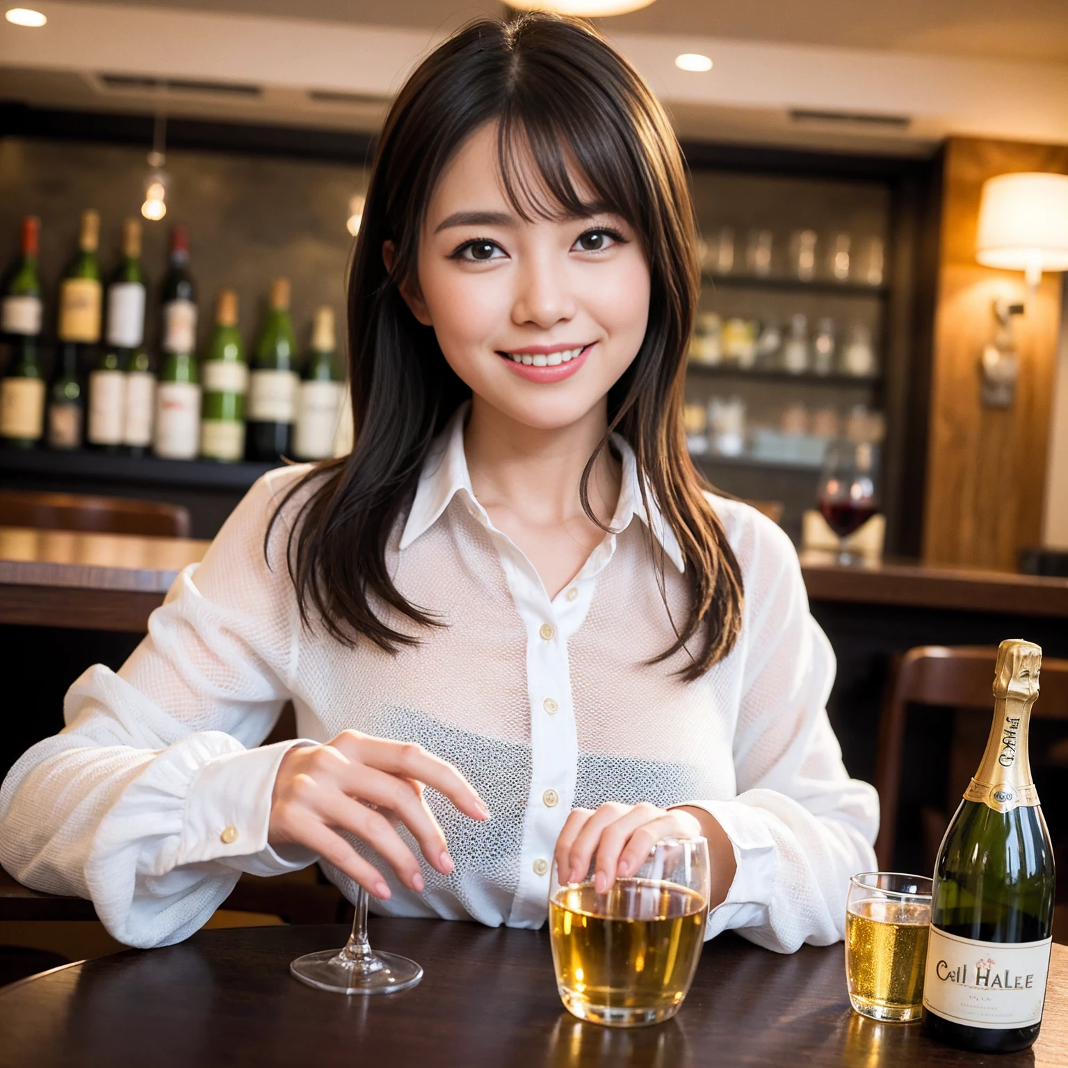 ((Highest quality、8k、masterpiece:1.3))、1 male、1 female、Couple、spouse、Couple、The body is slim、((Bob Hale、Straight hair:1.2)), (Realistic, Intricate details:1.2), テーブルの上のwine glass、Put the light on your face、 Amazing view of the sunset sky and clouds、Amazing mountain views、A bright smile、The wonderfulness of smile、Bright image、The beauty of wine, Beautiful Face, blue eyes, The light shines on your face, Blushing, short hair,Bright Face、 (Age 37), 39 years old, red wine 、Appetizers、Italian food、Wine bottle、Champagne、sparkling wine、Two beauties、Brown Hair、Shortcuts、Long sleeve shirt、dress、Pretty Woman 1, (slimな顔), (The body is slim), (Brown Hair), (Shortcuts), cheeks turn a little red,Attractive beauty、restaurant, In a prominent place (From the waist up) Nova Frog Style, actress, model, Upper Body, White wine, slim, wine glass, 中央に置かれたwine glass, smile, (smile: 1.15), Beautiful fine grain, Depth f/2,saturation, High Contrast, Strong light and shadow,Moist Body:1.5、3D texture、Delicate eyes、Brown Hair、The hair is very shiny、