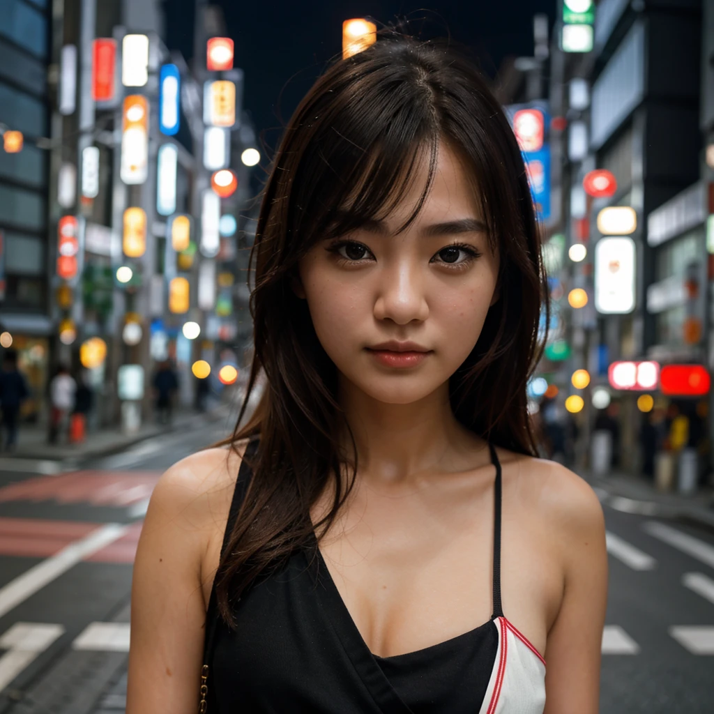 1girl, Tokyo street,mid day, cityscape,city lights, upper body,close-up, 8k, RAW photo, best quality, masterpiece,realistic, photo-realistic,