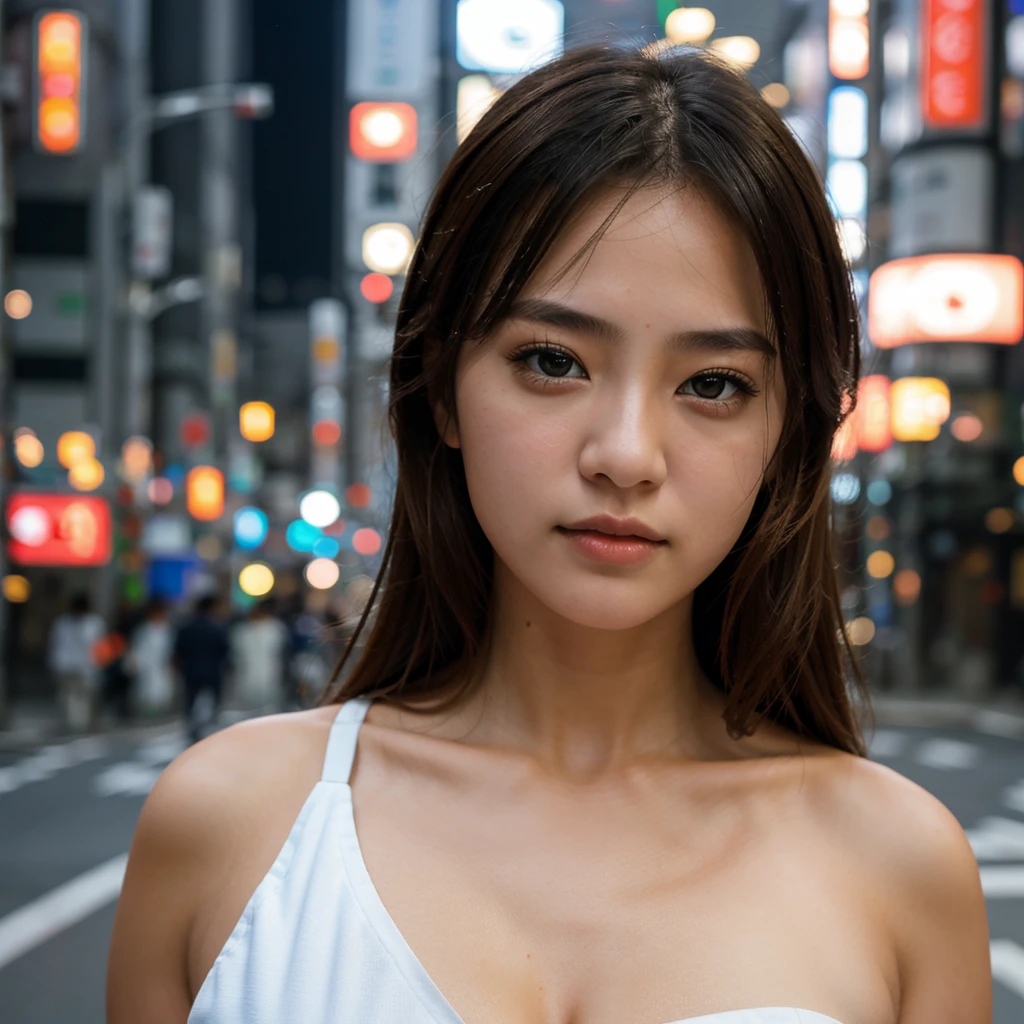1girl, Tokyo street,mid day, cityscape,city lights, upper body,close-up, 8k, RAW photo, best quality, masterpiece,realistic, photo-realistic,