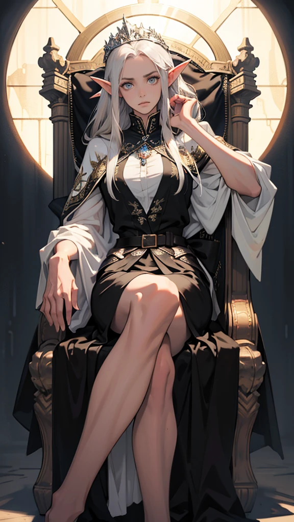 masterpiece, ultra detailed, 8K Portrait, Raw photo, a portrait photo of girl, Highly detailed face, beautiful and meticulous eyes, ((Fantasy)), (elf:1.0), 1woman, 30 year old, gray long hair, brown eyes, (melancholy expression:1.2), tiara, skinny, (ultra thin black transparent silk cloth), hooded long white coat Fluttering in the wind, ((bare foots)), Midday Sun, Hyper realistic, out of medieval castle in the sky, sitting on the throne, Ambient lighting, Shadow details , strong breeze, Light fog
