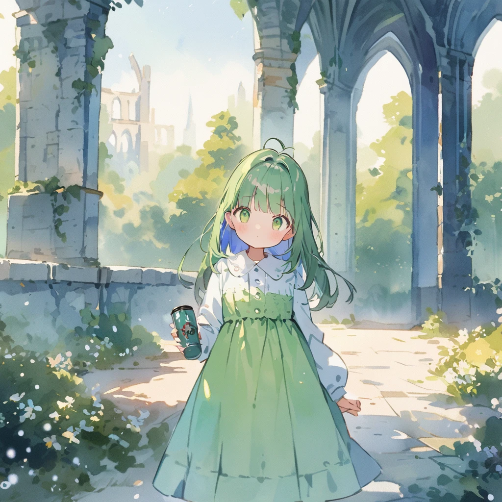 background the Ruins of Fountains Abbey, bright atmosphere, (masterpiece, watercolor painting, cute_cartoon_style, light-green theme: pale tone):1.1, BREAK, , (The Concierge Holding a coffee_ filled beautiful fantasy empress inspired by Satsuma Kiriko and baccarat VITA tumbler a raised Urban, winter, snowflake, rainbow Coalport tea_cup, and coffee):1.21, Cherubic Face, (detailed green eyes, jet-black hair,colored inner green hair,split color):1.1, antenna hair, BREAK, prison_uniform-inspired striped pattern cotton-linen combination tucked flare lace one-piece dress, #Fluorofractals_art, #design, A long flowing dress made of fabric with a unique and eye-catching pattern. The pattern is a combination of striped, batik, and fractals. The ebru marbling creates a striped, organic pattern, while the batik adds a touch of color and contrast. The fractals create a sense of depth and complexity. (sunlight filtering through the trees, dappled sunlight),