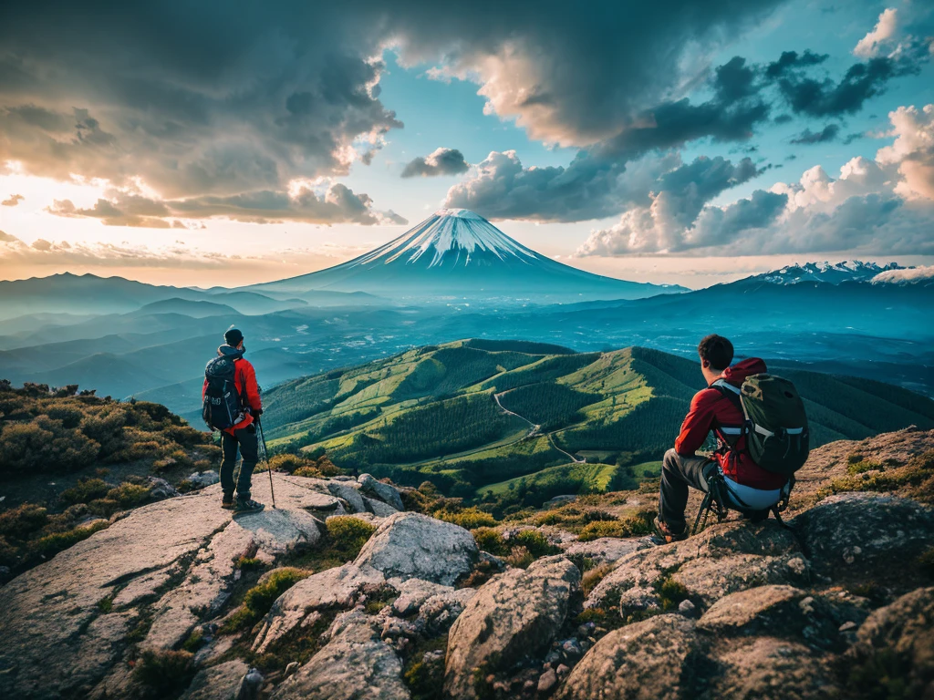 (Realistic:1.37),photograph,landscape,Mountaineering,Man climbing Mount Fuji,Climbing Gear,The view from Mount Fuji,Dramatic lighting,Colorful cloudy sky,A sense of adventure,Blurred Background,Strong determination,Wide-angle lens,Rocky terrain,Nice views,Endless Horizon,Quiet Solitude,Graceful Movement,The pinnacle of achievement,Natural beauty,Serene atmosphere,Sweat and patience,top conqueror,Awe-inspiring views,Expedition preparation,Unwavering focus,Wilderness Exploration,dreamlike landscape,unforgettable journey,infinite possibilities,Immerse yourself in nature,Indomitable spirit,Awestruck observers,Unparalleled strength,The invisible height,Quiet Escape.