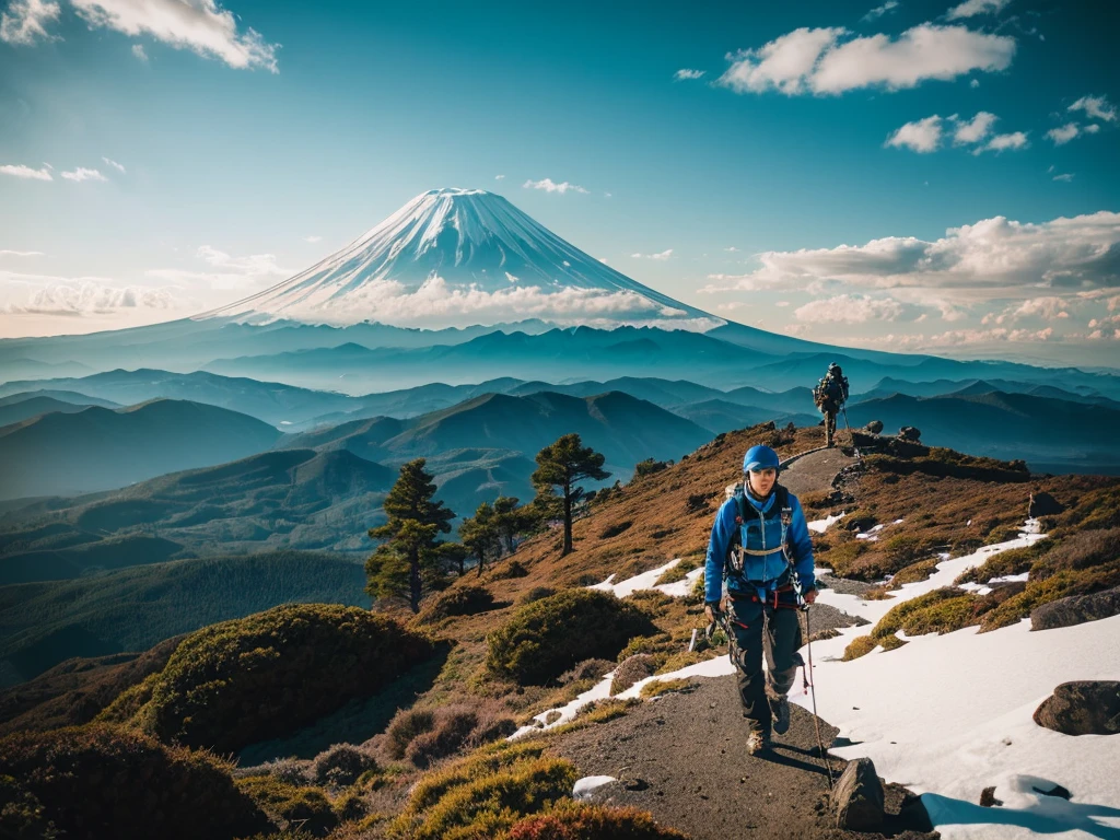 (Realistic:1.37),photograph,landscape,Mountaineering,Man climbing Mount Fuji,Climbing Gear,The view from Mount Fuji,Dramatic lighting,Colorful cloudy sky,A sense of adventure,Blurred Background,Strong determination,Wide-angle lens,Rocky terrain,Nice views,Endless Horizon,Quiet Solitude,Graceful Movement,The pinnacle of achievement,Natural beauty,Serene atmosphere,Sweat and patience,top conqueror,Awe-inspiring views,Expedition preparation,Unwavering focus,Wilderness Exploration,dreamlike landscape,unforgettable journey,infinite possibilities,Immerse yourself in nature,Indomitable spirit,Awestruck observers,Unparalleled strength,The invisible height,Quiet Escape.