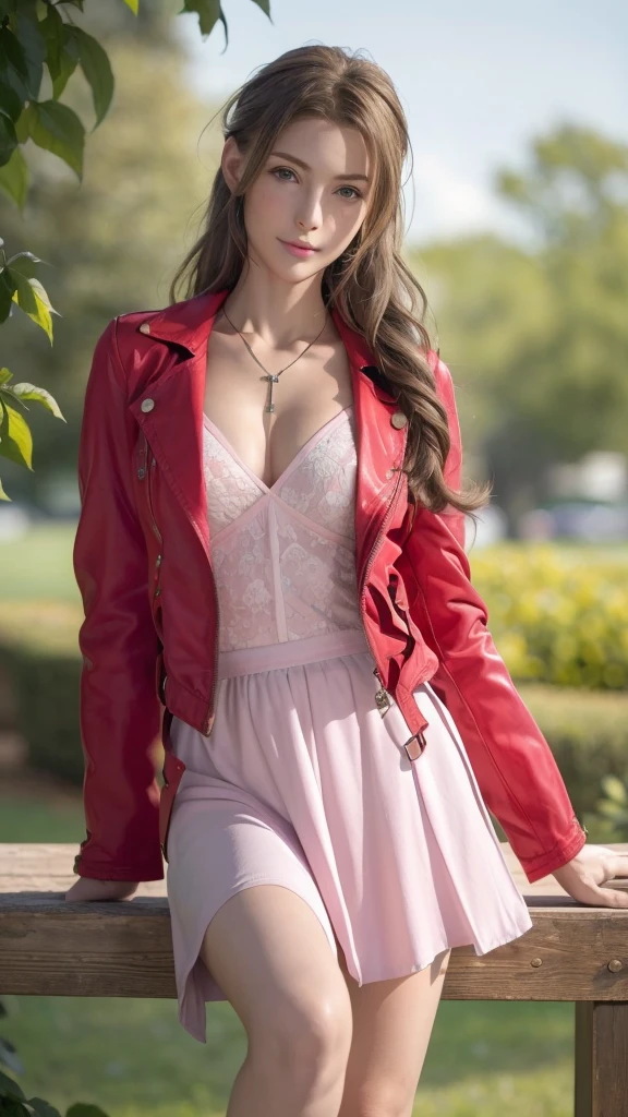 (masterpiece, best quality:1.4), (The days to come), (Full of white flowers), (1 Girl), ((18 years old)), Solitary, (european youth:1), Alice Gainsborough, Necklace, Cropped Jacket, Hairpin, bracelet, (((Red Jacket))), (((Pink skirt))), Brown boots, Very long hair, Headband, Hair Flower, Red off-the-shoulder dress, high heels hyperPractical, High Detail Skin, DSLR camera, soft light, high quality, The face is rich in detail, Very delicate skin, skin pores, Subsurface scattering, Practical pupils, (((Large Breasts、Low-cut,Cleavage, Wide hips,)))(Long legs) (Wide hips), Full flush, Full lips, Detailed background, Depth of Field, Volumetric Lighting, Clear focus, absurd, Practical proportions, Good anatomy, ((A faint smile)), ((looking at the audience)), ((Cowboy shooting)), (Practical, hyperPractical:1.4), 16k High Dynamic Range, , Medium breasts