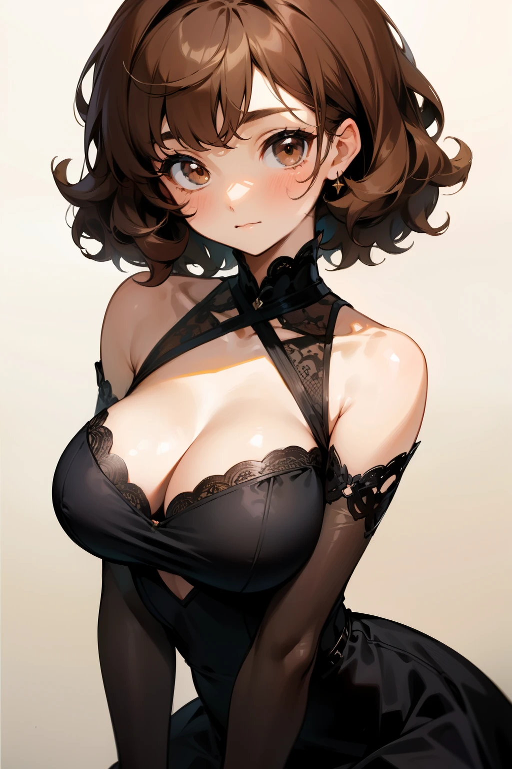Cute girl, short curly brown hair, brown eyes, big breasts, black dress