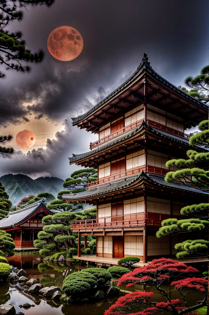 Panoramic visual of traditional Japanese wooden house, low lighting, raining lightly, night, tree, leafy, cloudy, star, red moon, High quality, 8K,