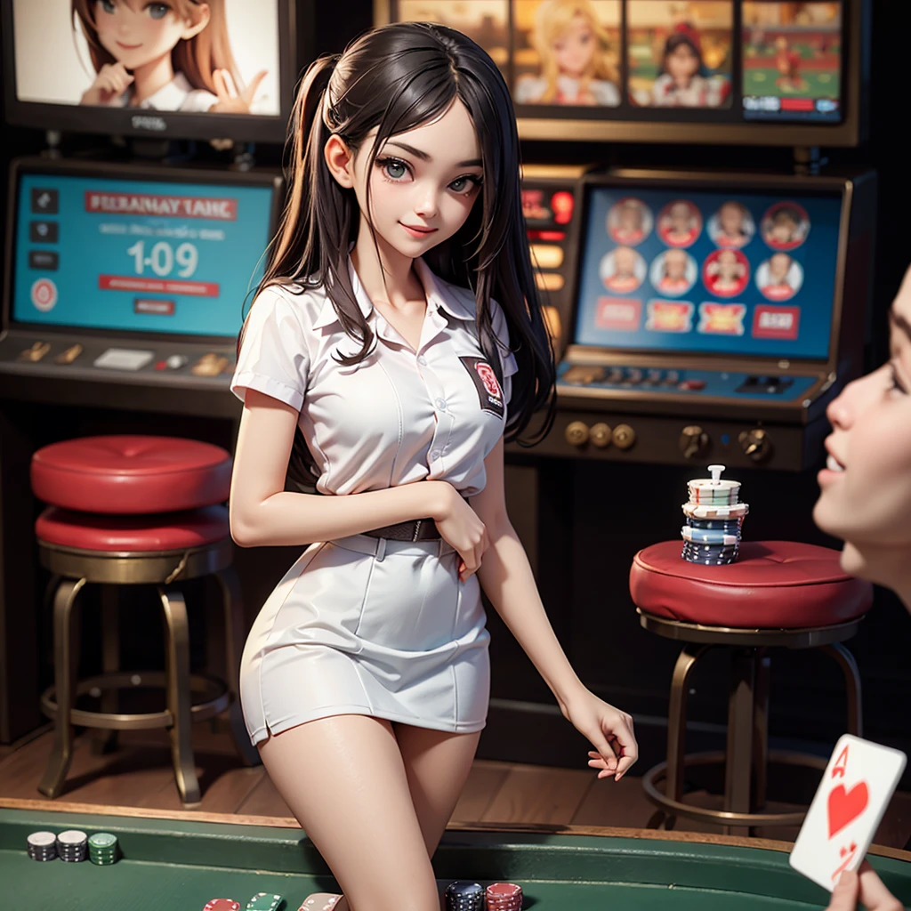 (masterpiece, best quality, high resolution), 19 years old, indonesia school girls, standing and teasing, perfect eyes, laugh, poker table, gambling, slot machine, baccarat, roulette, customer service, flirting you, smiling