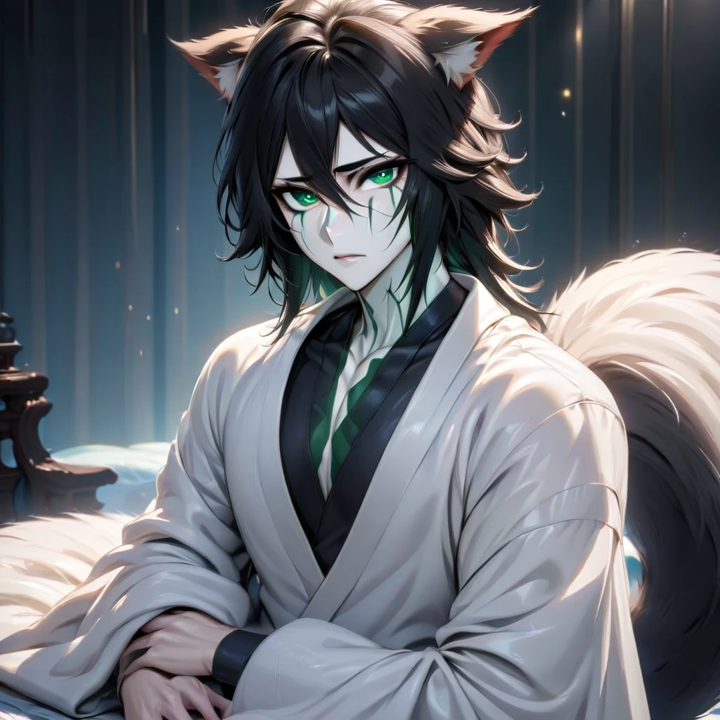 absurd, high definition, ultra detailed, HDR, masterpiece, extremely detailed face and eyes, perfect face, Ulquiorra Cifer, black hair, hair between eyes, expressive green eyes, pale skin, cat ears, big fluffy tail, Bleach, solo, sexy man , handsome man, white coat, tight black shirt, patterns