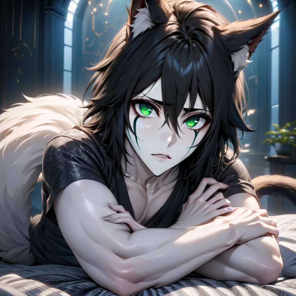 absurd, high definition, ultra detailed, HDR, masterpiece, extremely detailed face and eyes, perfect face, Ulquiorra Cifer, black hair, hair between eyes, expressive green eyes, pale skin, cat ears, big fluffy tail, Bleach, solo, sexy man , handsome man, white coat, tight black shirt, patterns