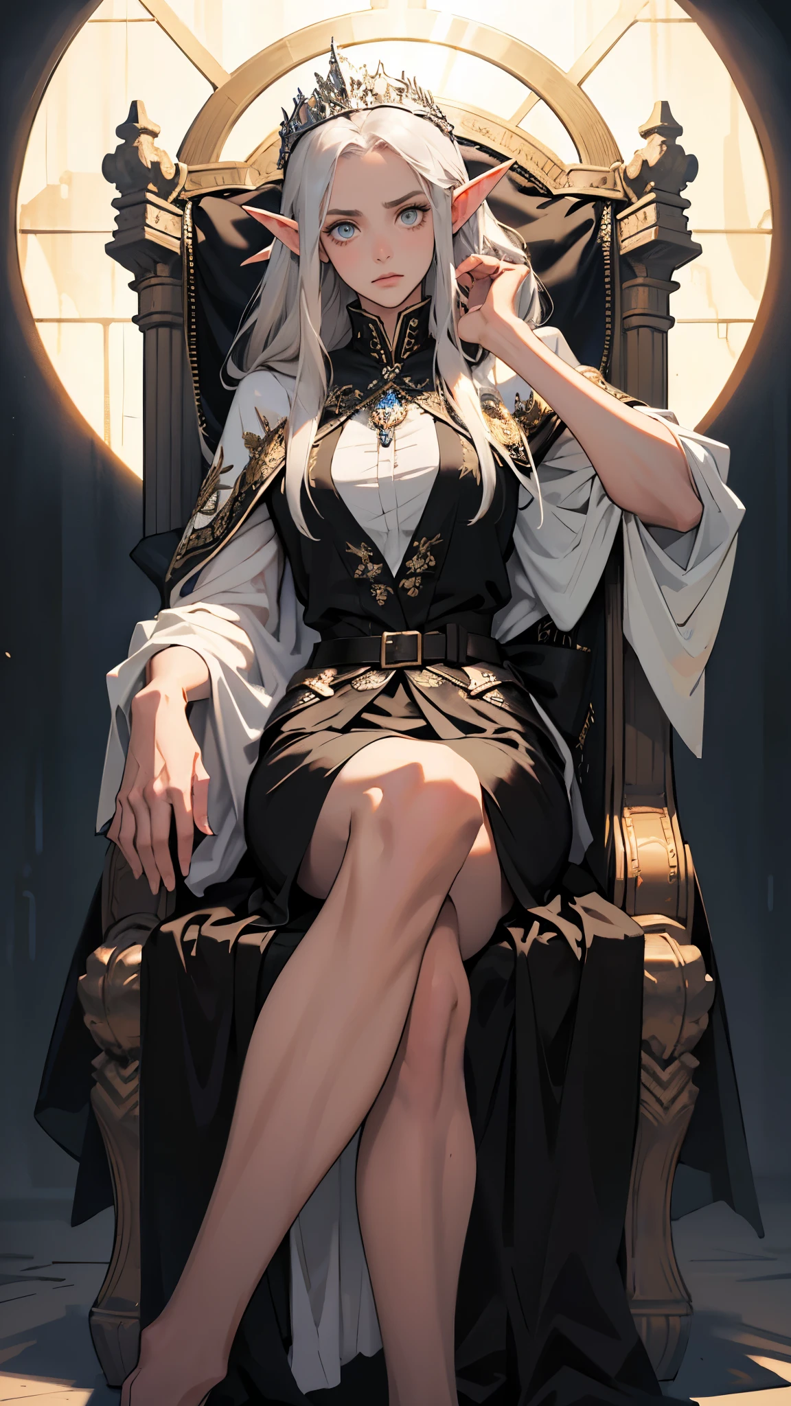 masterpiece, ultra detailed, 8K Portrait, Raw photo, a portrait photo of girl, Highly detailed face, beautiful and meticulous eyes, ((Fantasy)), (elf:1.0), 1woman, 30 year old, gray long hair, brown eyes, (melancholy expression:1.2), tiara, skinny, (ultra thin black transparent silk cloth), hooded long white coat Fluttering in the wind, ((bare foots)), Midday Sun, Hyper realistic, out of medieval castle in the sky, sitting on the throne, Ambient lighting, Shadow details , strong breeze, Light fog