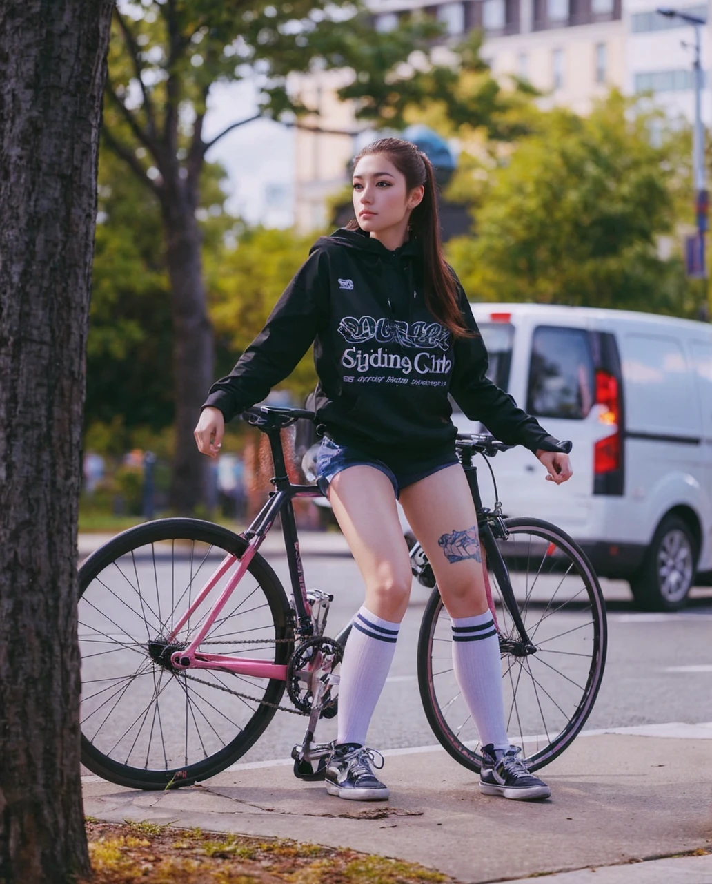 a fixedgear rider girl, anime style, beautiful detailed eyes, beautiful detailed lips, extremely detailed face, long eyelashes, riding a fixedgear bicycle, vibrant colors, dramatic lighting, dynamic motion blur, high quality, 8k, ultra-detailed, realistic, photorealistic, masterpiece
