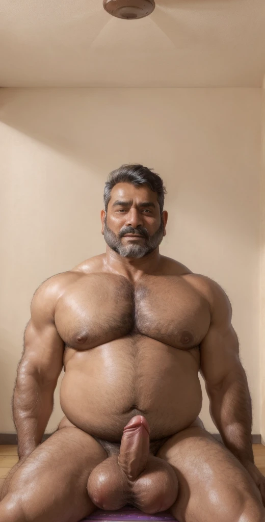 (doujin), hyperrealistic, solo, 60years old, facial wrinkles, (alpha beefy), (indian daddy), male focus, muscular, blushed, dark skin, (beard), (nude), (facesitting), (hairy), (on floor mat), big penis and saggy balls,