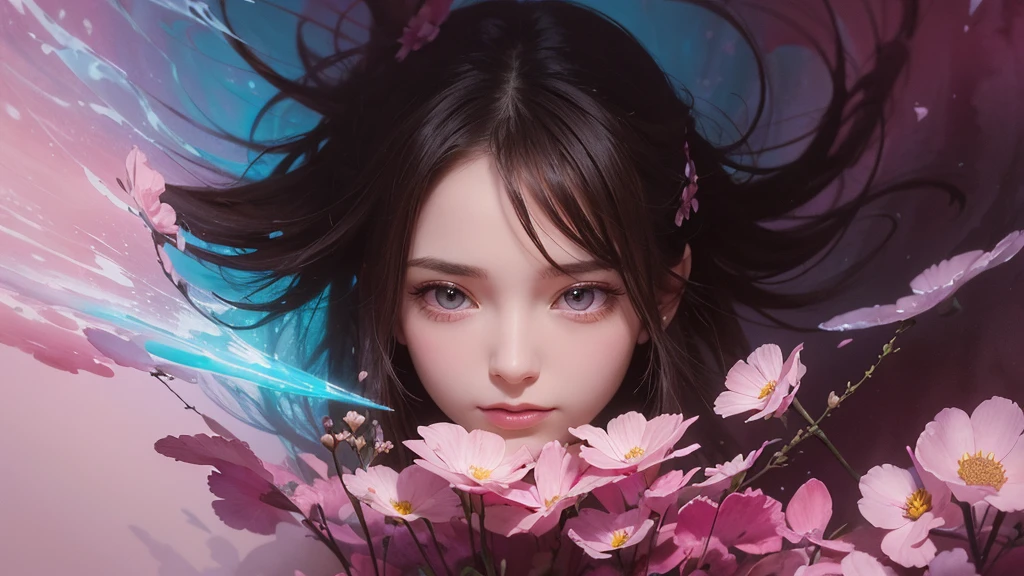 32k, Masterpiece, Highest quality, One girl, Detailed eyes, flower,Sandersonia, Pink and brown style,A dreamy, romantic piece,Pale pink, Mysterious Leaves,A playful arrangement,Fantasy,High Contrast,Ink strokes,explosion,Exposure, Impression of pink and brown tones,Abstract,((Watercolours by John Berkey and Jeremy Mann )) Brush strokes,Negative Space, Tyndall effect,