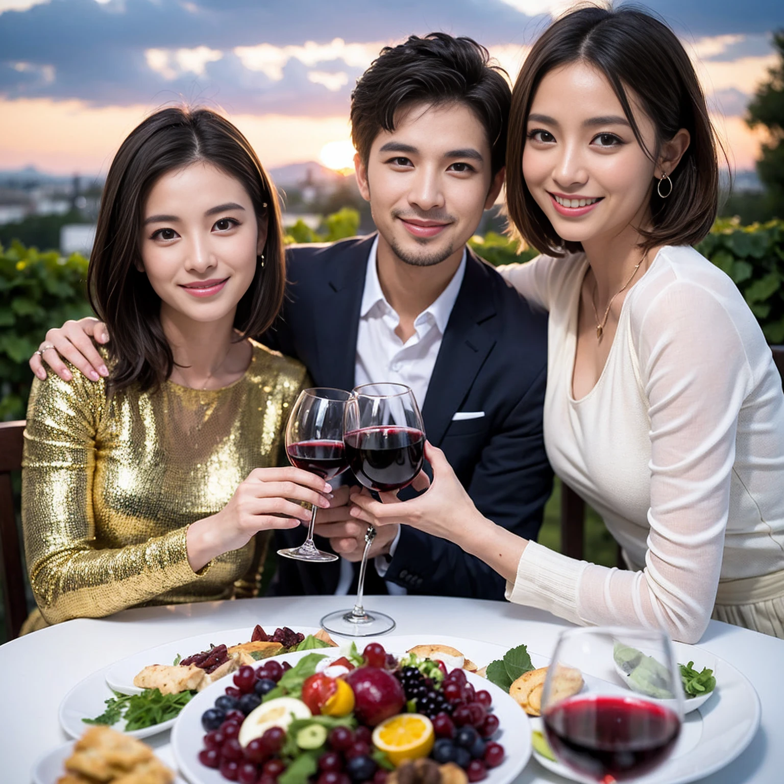 ((Highest quality、8k、masterpiece:1.3))、 (Genuineistic, Genuine、Bright image、Intricate details:1.2), Best smile 1 man 1 woman、Beautiful Couple、Lovers、Relatives and friends、actress couple、couple、Model Couple、Smile、A full-course dinner with a full table、テーブルにwine glass、 (Slim face), (The body is slim), (Brown Hair), (short hair), Please shine a light on my face、 Amazing view of the sunset sky and clouds、 (age 34), 38 years old, red wine 、Appetizers、Wine bottle、sparkling wine、Long sleeve shirt、dress、White wine, red wine, wine glass, 