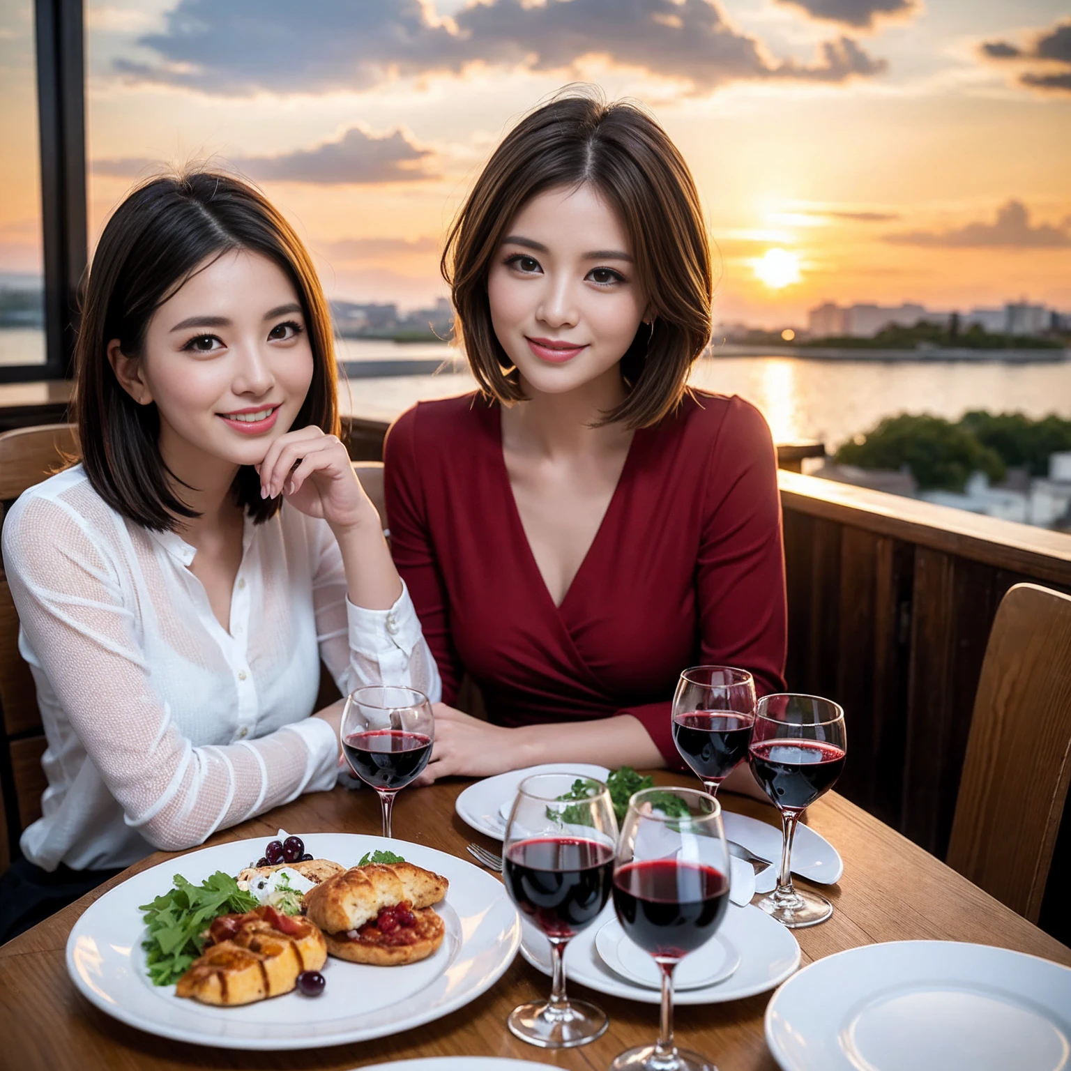 ((Highest quality、8k、masterpiece:1.3))、 (Genuineistic, Genuine、Bright image、Intricate details:1.2), Best smile 1 man 1 woman、Beautiful Couple、Lovers、Relatives and friends、actress couple、couple、Model Couple、Smile、A full-course dinner with a full table、テーブルにwine glass、 (Slim face), (The body is slim), (Brown Hair), (short hair), Please shine a light on my face、 Amazing view of the sunset sky and clouds、 (age 34), 38 years old, red wine 、Appetizers、Wine bottle、sparkling wine、Long sleeve shirt、dress、White wine, red wine, wine glass,