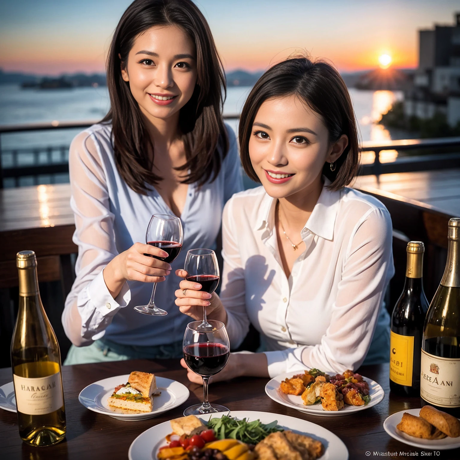 ((Highest quality、8k、masterpiece:1.3))、 (Genuineistic, Genuine、Bright image、Intricate details:1.2), Best smile 1 man 1 woman、Beautiful Couple、Lovers、Relatives and friends、actress couple、couple、Model Couple、Smile、A full-course dinner with a full table、テーブルにwine glass、 (Slim face), (The body is slim), (Brown Hair), (short hair), Please shine a light on my face、 Amazing view of the sunset sky and clouds、 (age 34), 38 years old, red wine 、Appetizers、Wine bottle、sparkling wine、Long sleeve shirt、dress、White wine, red wine, wine glass, 