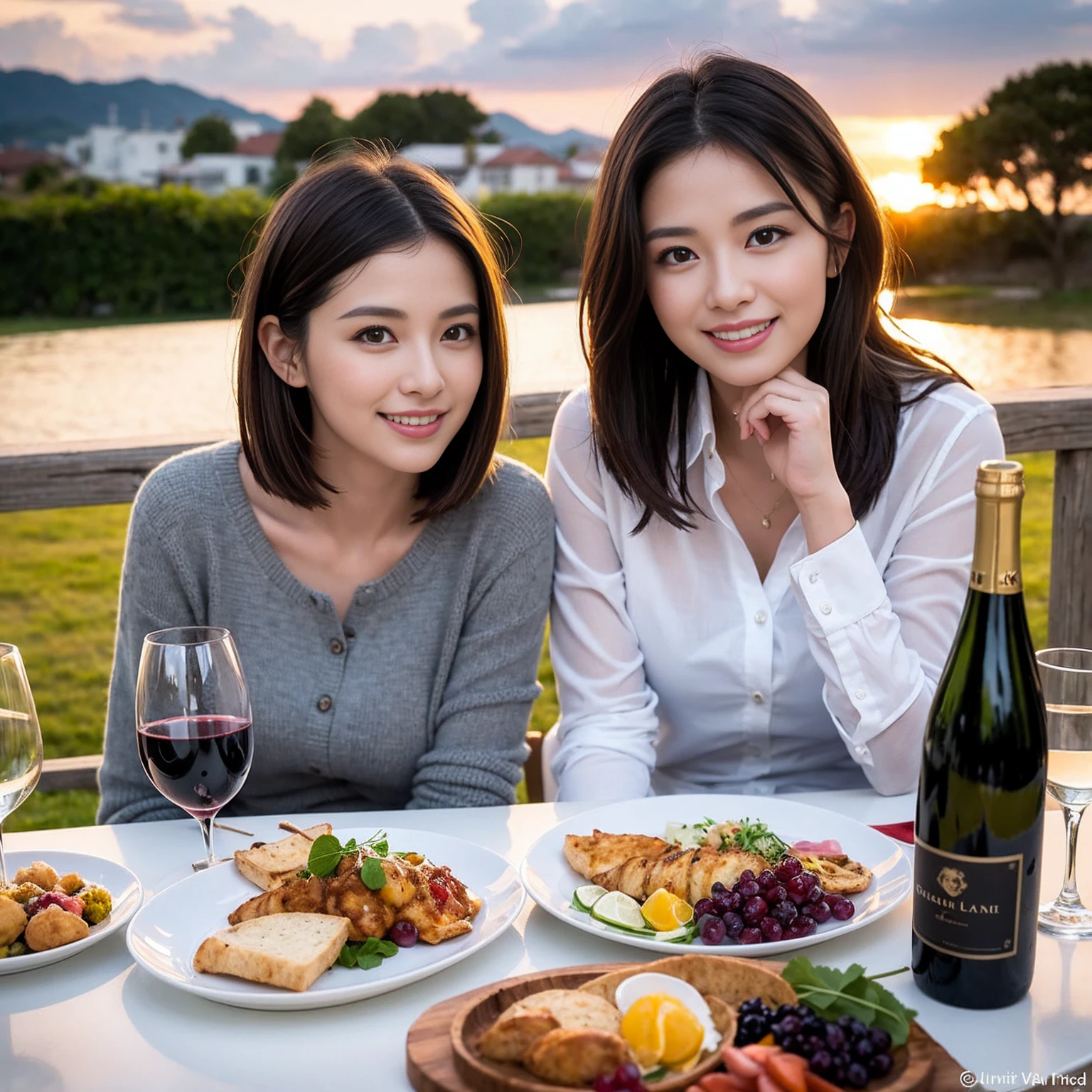 ((Highest quality、8k、masterpiece:1.3))、 (Genuineistic, Genuine、Bright image、Intricate details:1.2), Best smile 1 man 1 woman、Beautiful Couple、Lovers、Relatives and friends、actress couple、couple、Model Couple、Smile、A full-course dinner with a full table、テーブルにwine glass、 (Slim face), (The body is slim), (Brown Hair), (short hair), Please shine a light on my face、 Amazing view of the sunset sky and clouds、 (age 34), 38 years old, red wine 、Appetizers、Wine bottle、sparkling wine、Long sleeve shirt、dress、White wine, red wine, wine glass, 