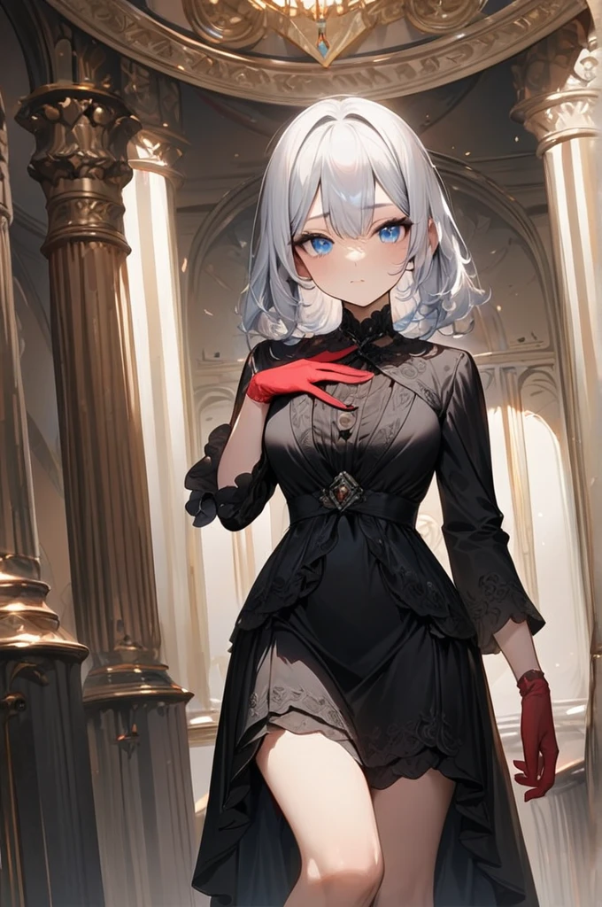 ((Best quality)), ((masterpiece)), (detailed), a girl with white hair and blue eyes in a black dress with red gloves on her hands