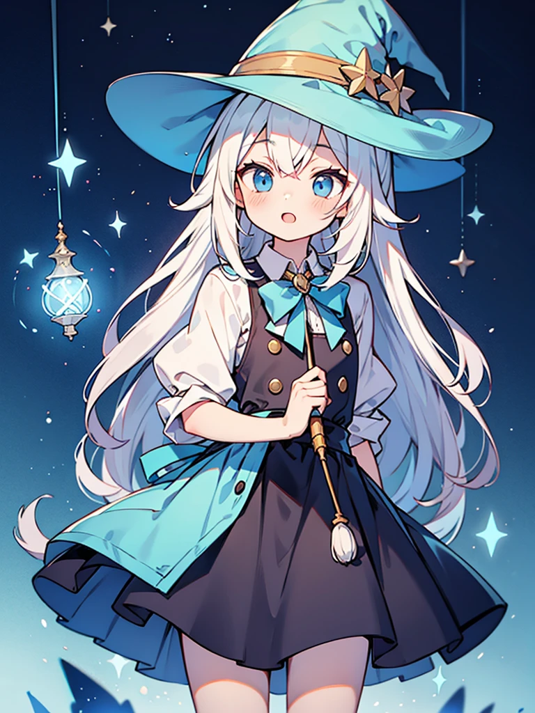 hyper cute shota,light blue witch hat,light blue loose long hair,