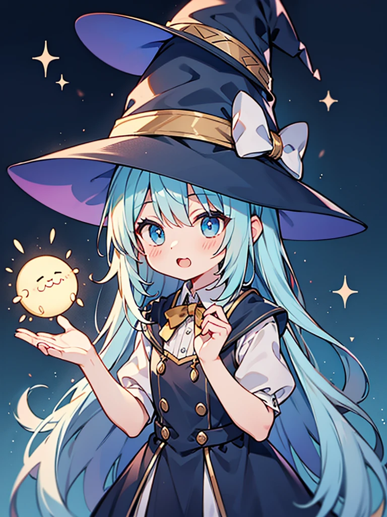hyper cute shota,light blue witch hat,light blue loose long hair,