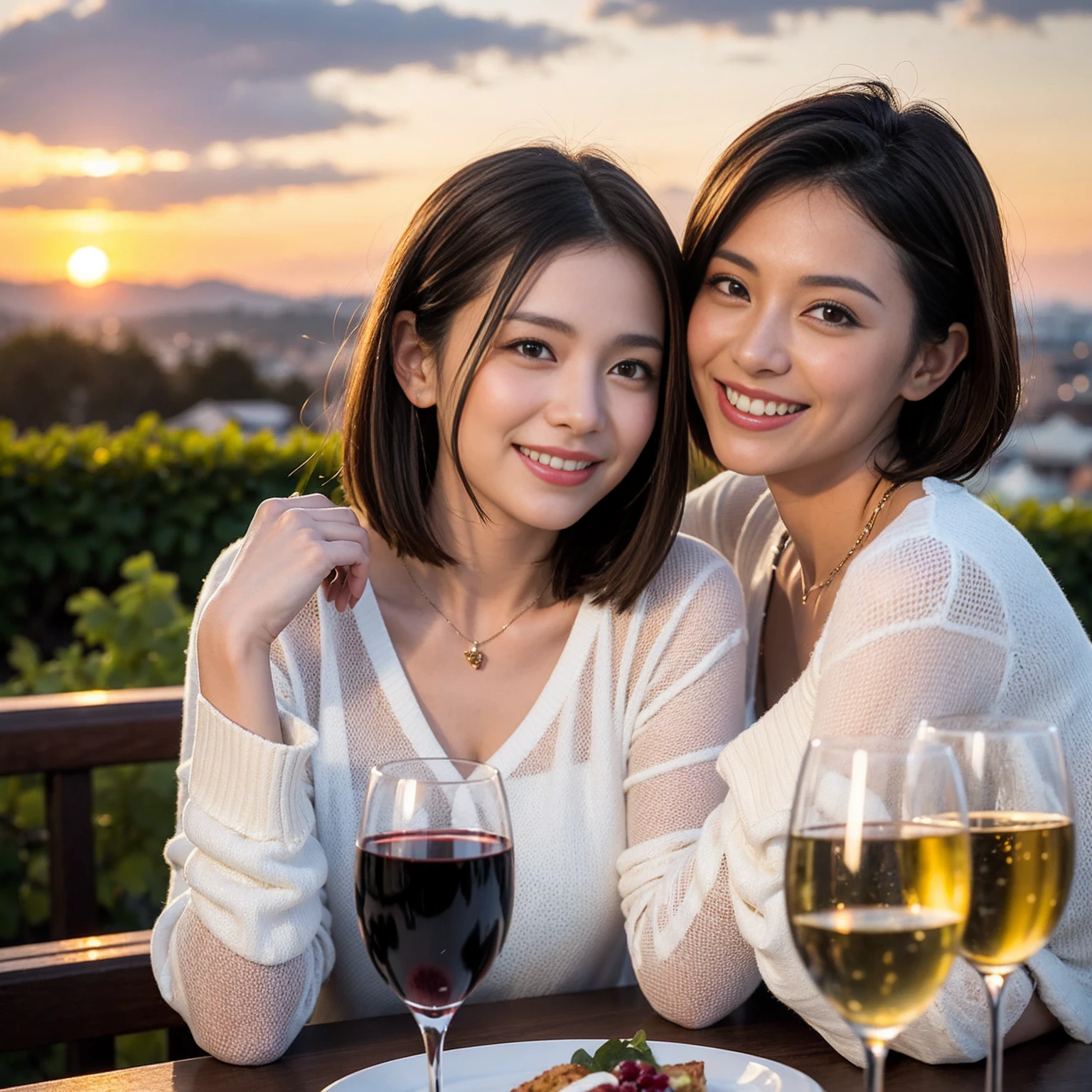 ((Highest quality、8k、masterpiece:1.3))、 (Genuineistic, Genuine、Bright image、Intricate details:1.2), Best smile 1 man 1 woman、Beautiful Couple、spouse、Couple、spouse、Beautiful Couple、Smile、A full-course dinner with a full table、テーブルにwine glass、 (Slim face), (The body is slim), (Brown Hair), (short hair), Please shine a light on my face、 Amazing view of the sunset sky and clouds、 (age 34), 39 years old, red wine 、Wine bottle、sparkling wine、Long sleeve shirt、dress、White wine, red wine, wine glass, 