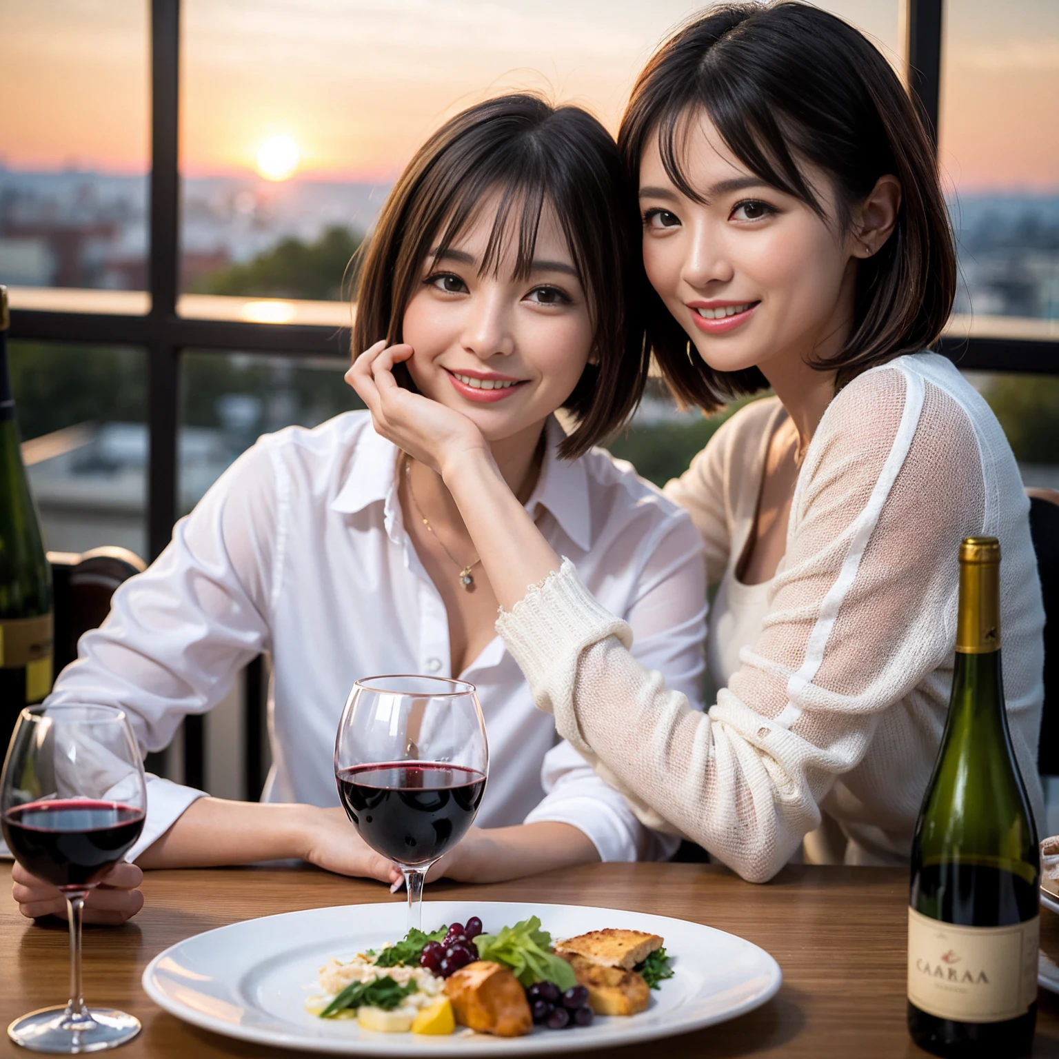 ((Highest quality、8k、masterpiece:1.3))、 (Genuineistic, Genuine、Bright image、Intricate details:1.2), Best smile 1 man 1 woman、Beautiful Couple、spouse、Couple、spouse、Beautiful Couple、Smile、A full-course dinner with a full table、テーブルにwine glass、 (Slim face), (The body is slim), (Brown Hair), (short hair), Please shine a light on my face、 Amazing view of the sunset sky and clouds、 (age 34), 39 years old, red wine 、Wine bottle、sparkling wine、Long sleeve shirt、dress、White wine, red wine, wine glass,