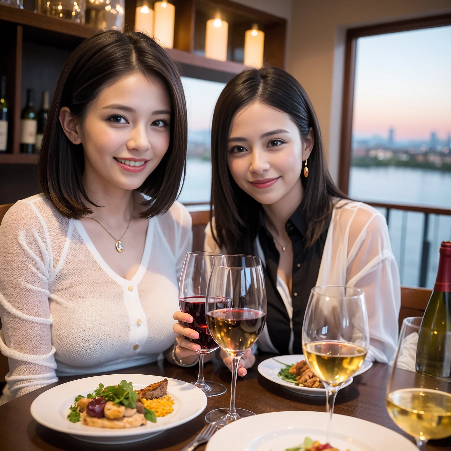 ((Highest quality、8k、masterpiece:1.3))、 (Genuineistic, Genuine、Bright image、Intricate details:1.2), Best smile 1 man 1 woman、Beautiful Couple、spouse、Couple、spouse、Beautiful Couple、Smile、A full-course dinner with a full table、テーブルにwine glass、 (Slim face), (The body is slim), (Brown Hair), (short hair), Please shine a light on my face、 Amazing view of the sunset sky and clouds、 (age 34), 39 years old, red wine 、Wine bottle、sparkling wine、Long sleeve shirt、dress、White wine, red wine, wine glass, 