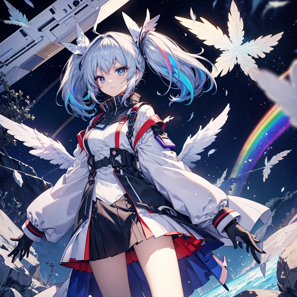 ((Archangel Fantasy Rainbow Hair Make your hair rainbow-colored on the inside Twin tails Rainbow Eyes starの虹彩 Has a shiny ball Put on a coat without putting your arms through it Moe sleeves Wings many times larger than mine rainbow gradient feathers Lonely Smiling Kindly Left facing)) ((tears gloves)) (Broken glass Rolling Pebbles Distorted Space-Time star) Catch the wind milky way Shining Background Particles of light, rainbow colored edges Shining Edge star