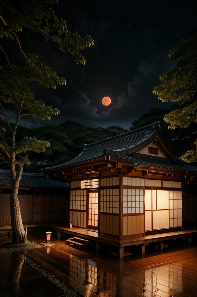 Panoramic visual of traditional Japanese wooden house, low lighting, raining lightly, night, tree, leafy, cloudy, star, red moon, High quality, 8K,