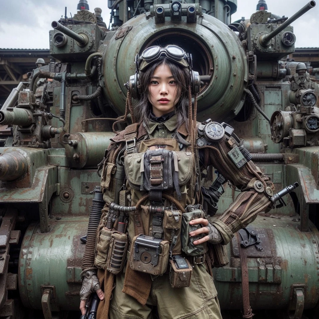 (masterpiece, best quality:1.2), (8k uhd, 16k, 32k, ultra high res), Steampunk, fictional WWII former Japanese Imperial Army armored car and cyborg Japanese female soldier, beautiful face, torn pants, dirty clothes, very intricate details, olive drab paint, peeling paint, weathering, fortress attack, realistic photo, taken with Fuji film X-T30+Nokton. HDR10
