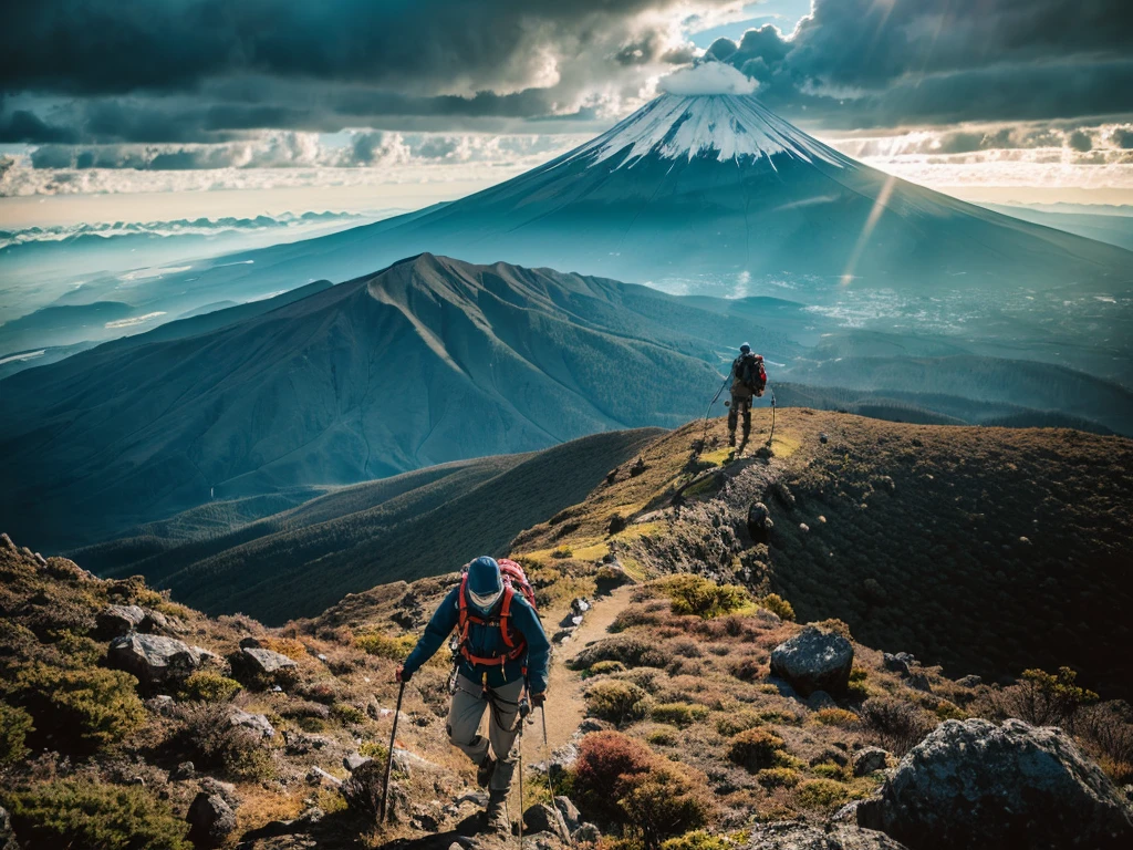 (Realistic:1.37),photograph,landscape,Mountaineering,Man climbing Mount Fuji,Climbing Gear,Dramatic lighting,Colorful cloudy sky,A sense of adventure,Blurred Background,Strong determination,Wide-angle lens,Rocky terrain,Nice views,Endless Horizon,Quiet Solitude,Graceful Movement,The pinnacle of achievement,Natural beauty,Serene atmosphere,Sweat and patience,top conqueror,Awe-inspiring views,Expedition preparation,Unwavering focus,Wilderness Exploration,dreamlike landscape,unforgettable journey,infinite possibilities,Immerse yourself in nature,Indomitable spirit,Awestruck observers,Unparalleled strength,The invisible height,Quiet Escape.